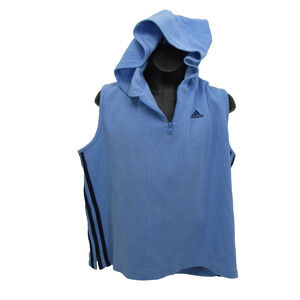Vintage Adidas Sweater L Large Blue Sleeveless Dark Blue Stripes Zip Hood Hoodie
